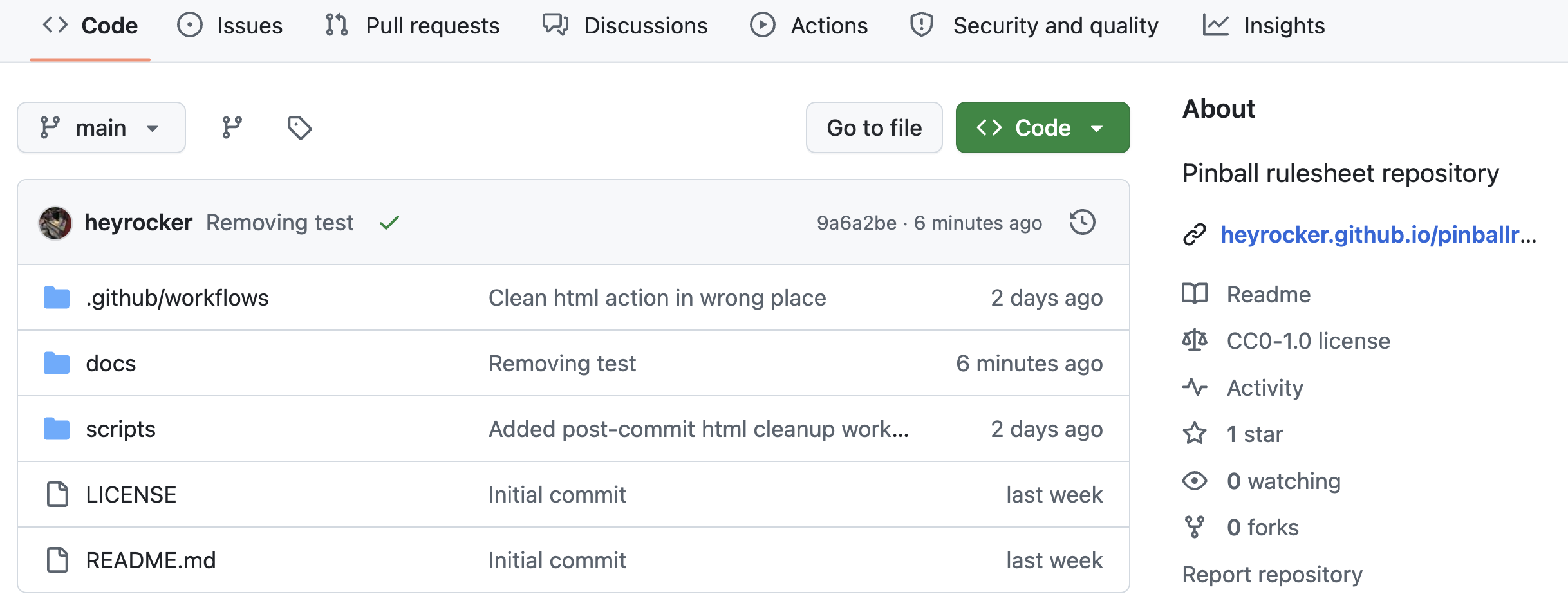 A screenshot of the Pinball Rules repository on Github